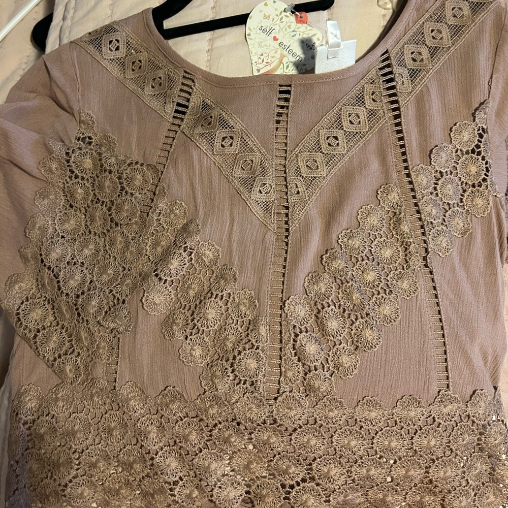 NWT ! Cute mocha colored crop crochet top with sash bow tie accent in the back
